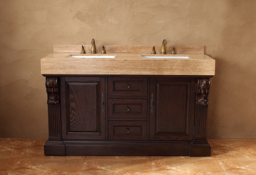 60 Inch Double Sink Bathroom Vanity with Travertine UVJMF206001551460