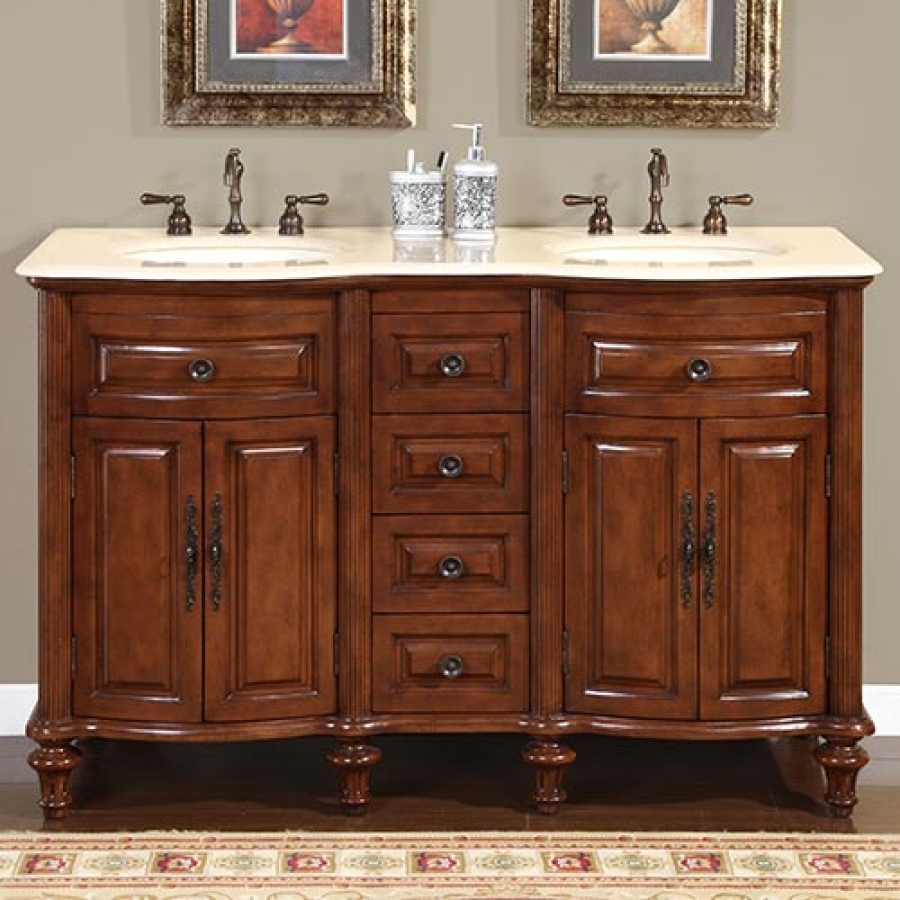 55 Inch Double Sink Bathroom Vanity with Cream Marfil ...