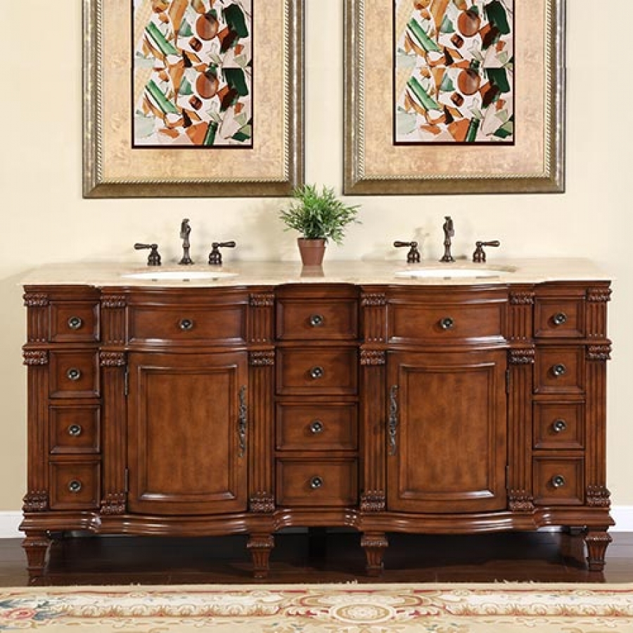 72 Inch Large Double Sink Vanity Cabinet With Travertine Top