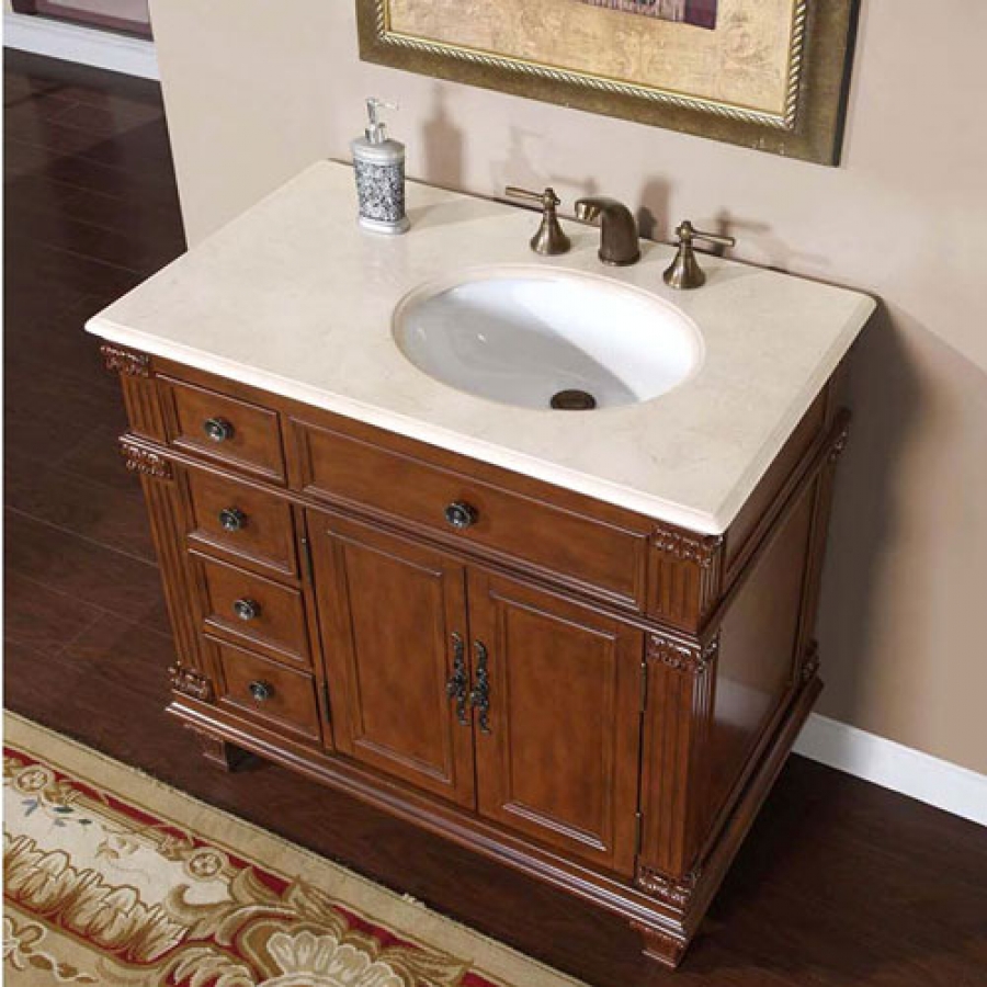 36 Inch Single Sink Bathroom Vanity With Cream Marfil Marble Counter 