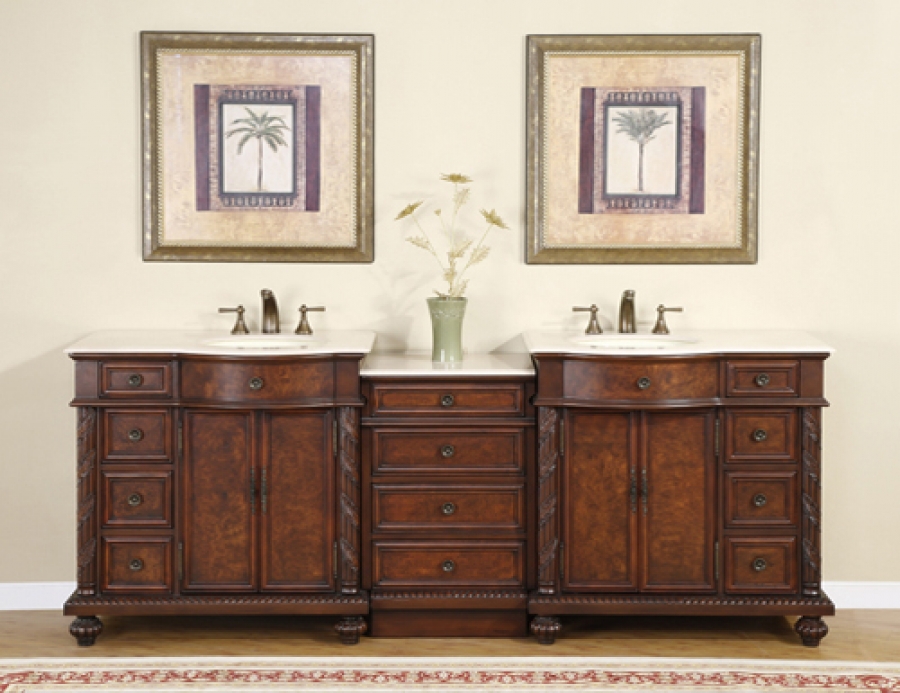 90 Inch Traditional Double Bathroom Vanity with Cream Marfil Marble and