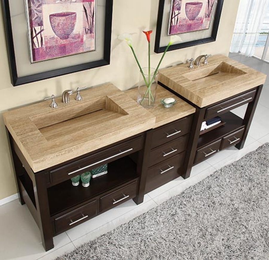 92 Inch Double Sink Cabinet with Espresso Finish and Travertine Top