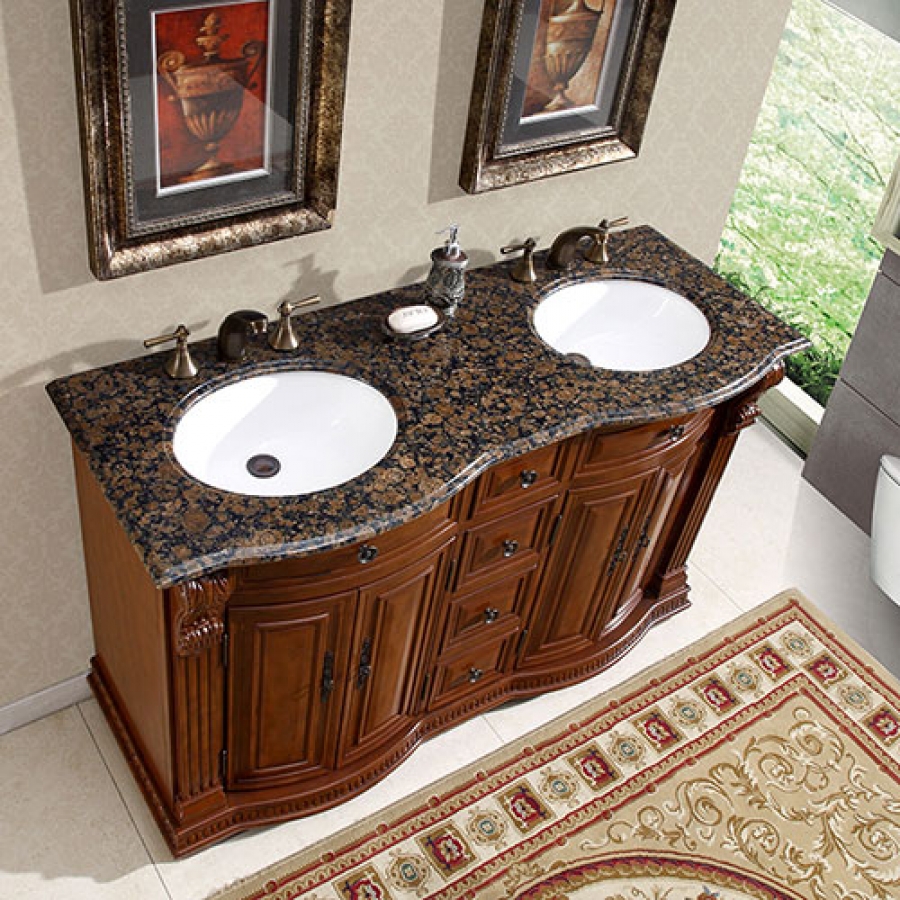 55 Inch Double Sink Vanity With Baltic Brown Top And Undermount White Ceramic Sinks Uvsr022355