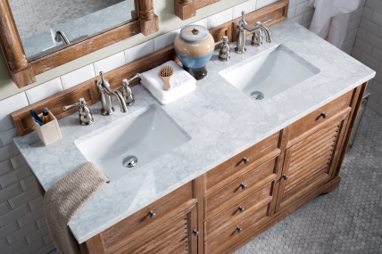 60 Inch Double Sink Bathroom Vanity in Driftwood Finish Carerra White Marble Top
