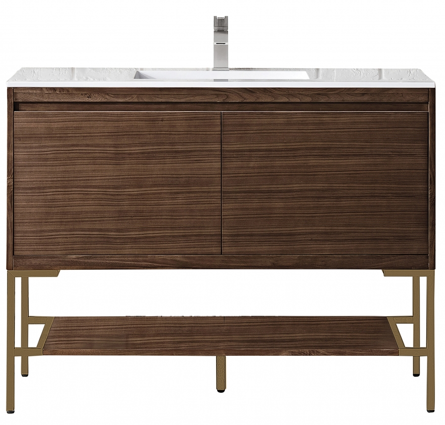 48 Inch Single Walnut Vanity Gold Metal Legs White Stone Top Unique