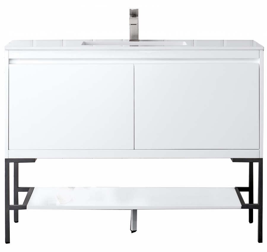 48 Inch Single White Vanity Black Metal Legs White Stone Top Unique