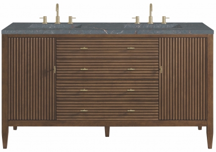 60 Inch Midcentury Walnut Double Sink Vanity Bleu Quartz 