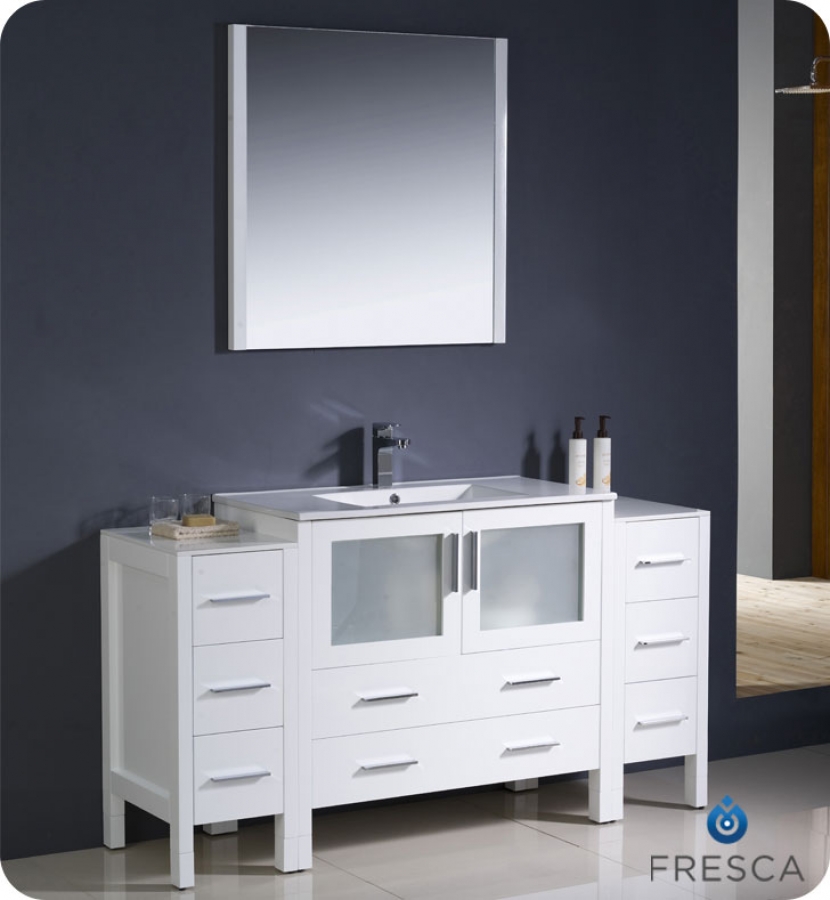 60 Inch White Single Sink Bathroom Vanity With Side Cabinets