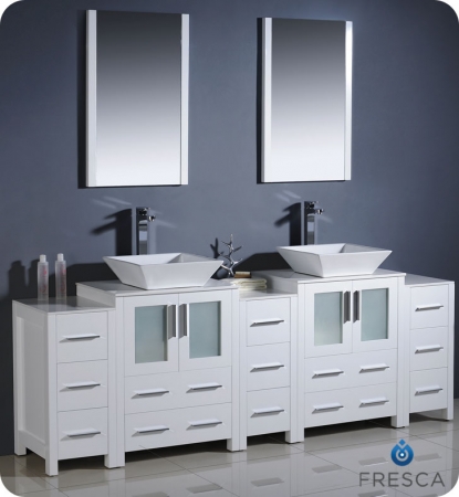 84 Inch Double Vessel Sink Bathroom Vanity in White with Side Cabients