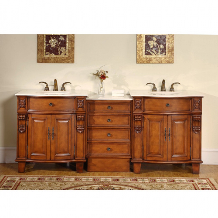 84 Inch Antique Brown Double Sink Bathroom Vanity Marble