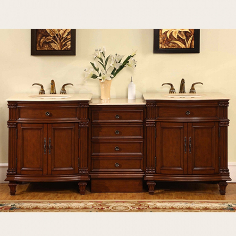 80 Inch Cherry Double Sink Bathroom Vanity with Marble