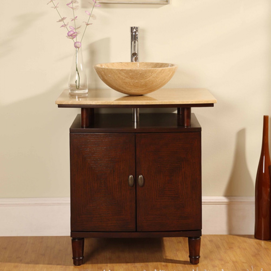 modern bathroom vanity with travertine vessel sink