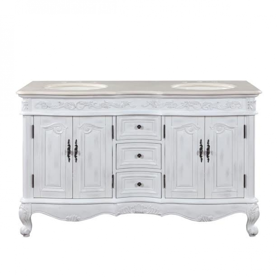 58 Inch Double Sink Bathroom Vanity In Distressed White