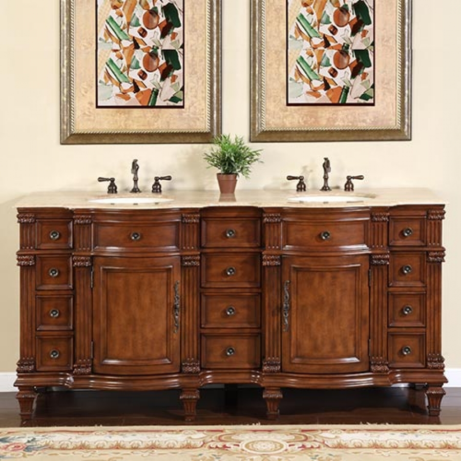 72 Inch Walnut Double Sink Bathroom Vanity With Travertine