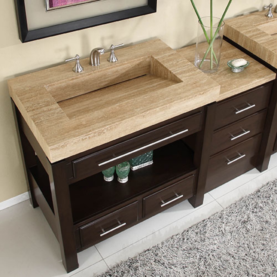 56 Inch Espresso Single Sink Cabinet With Travertine Top