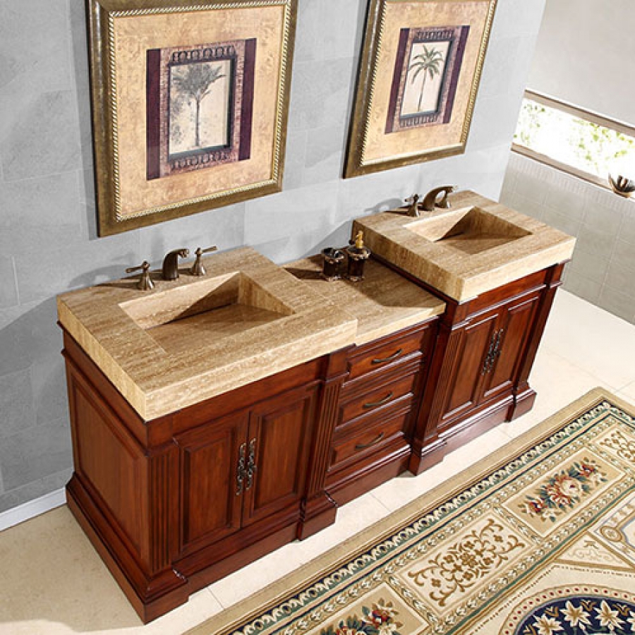 83 Inch Double Sink Vanity with a Unique Travertine Top ...