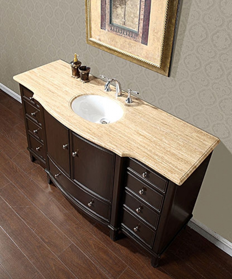 60 Inch Single Sink Cabinet with Dark Walnut Finish and Travertine Top ...