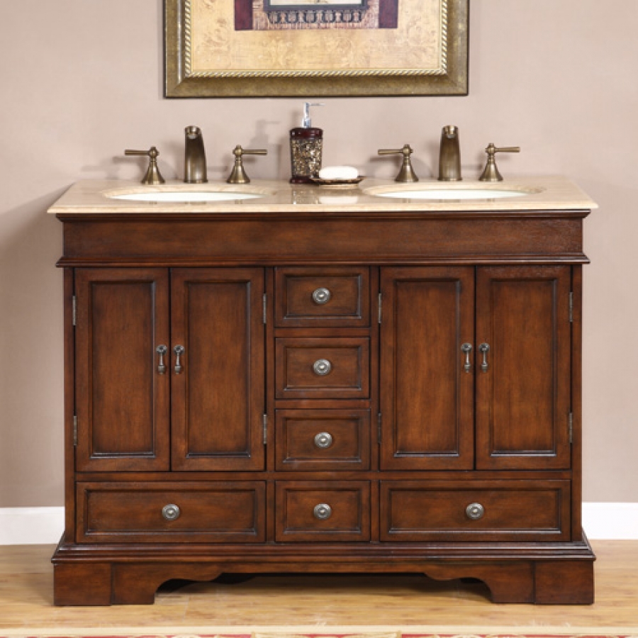 48 Inch Small Double Sink Vanity With Granite Or Travertine Top