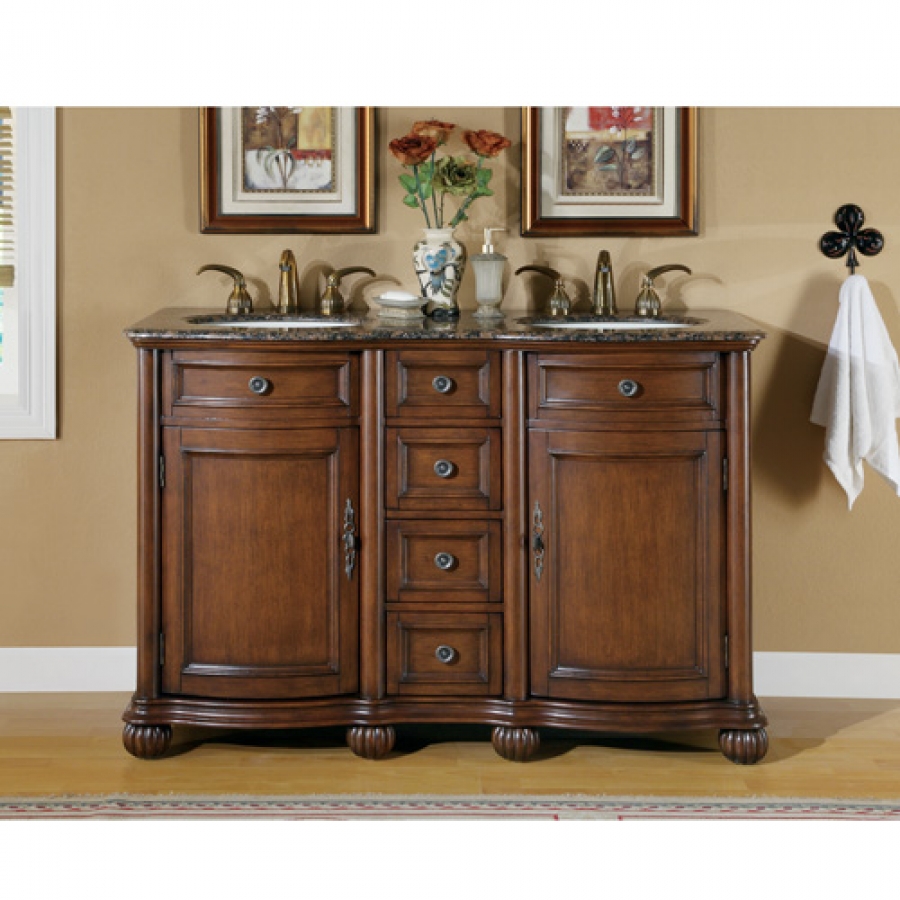 52 Inch Small Double Sink Vanity With Baltic Brown Countertop