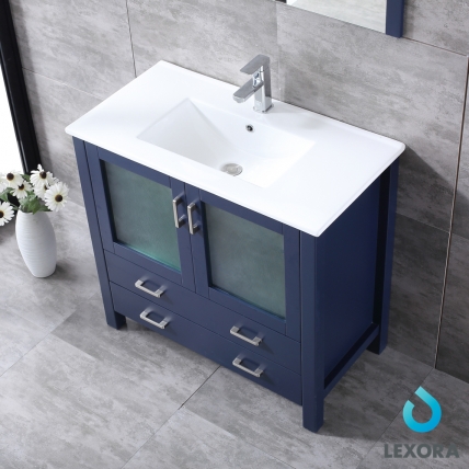 36 Inch Single Sink Bathroom Vanity in Navy Blue with Frosted Glass Doors
