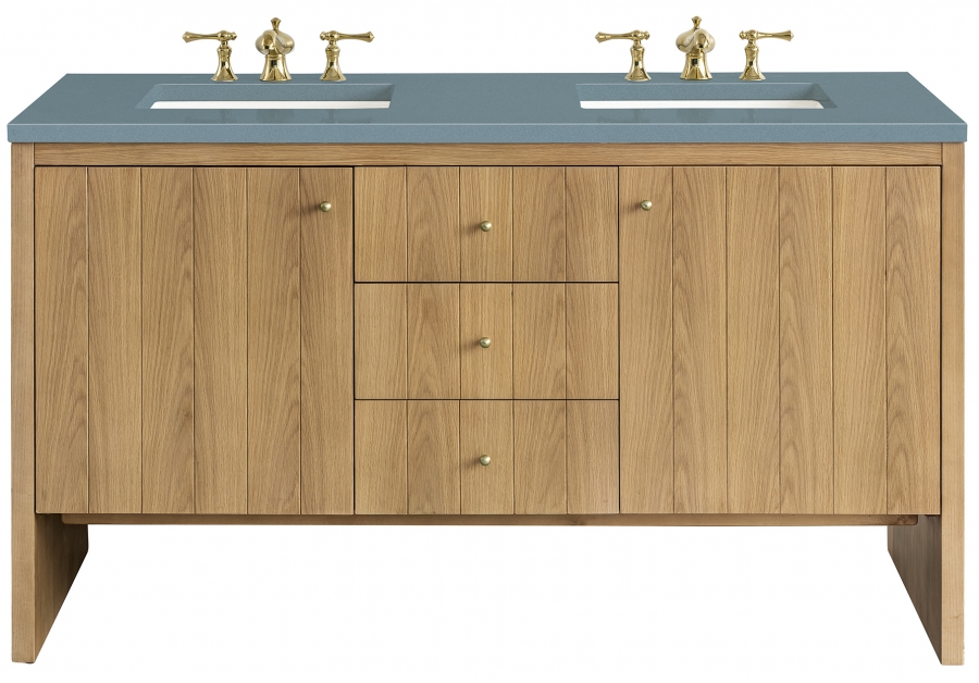 60 Inch Light Natural Oak Double Bathroom Vanity Blue Quartz Unique