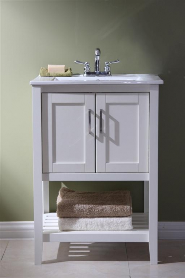 24 inch narrow bathroom vanity open shelf in white