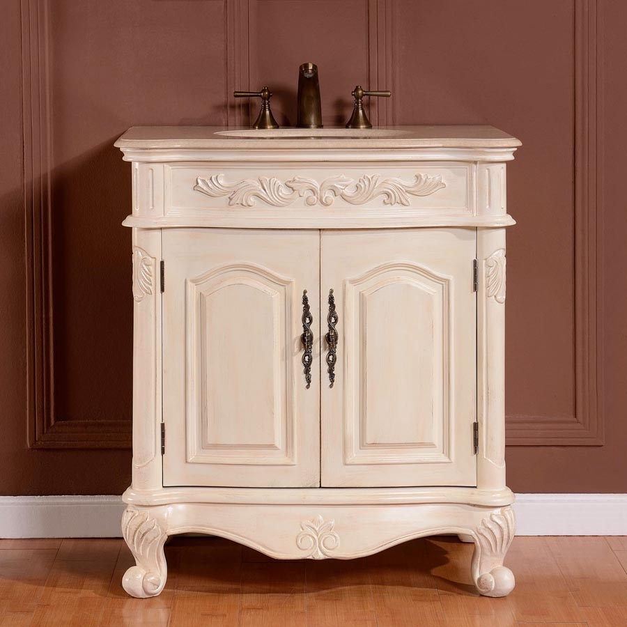 32 Inch Traditional Single Bathroom Vanity with a Cream Marfil Marble ...