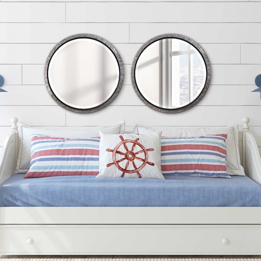 Round Beveled Wall Mirror with Galvanized Metal Frame