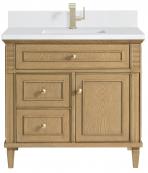 36 Inch Natural Oak Single Bathroom Vanity White Quartz Top