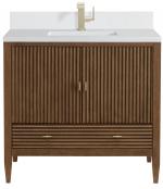 36 Inch Walnut Single Bathroom Vanity with White Quartz Top