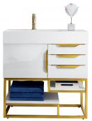 35.5 Inch Single Sink Bathroom Vanity in Glossy White with Radiant Gold Pulls