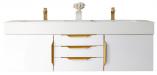 59 Inch Double Sink Bathroom Vanity in Glossy White with Radiant Gold Pulls