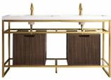 63 Inch Modern Gold Double Console Sink with Walnut Cabinet
