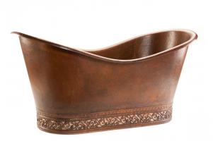 67 Inch Hammered Copper Double Slipper Bathtub with Nickel Inlay
