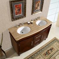 55 Inch Double Sink Vanity with Travertine Top and Undermount White Ceramic Sinks