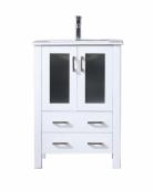 24 Inch Single Sink Bathroom Vanity in White with Frosted Glass Doors
